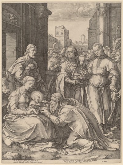 Maagien palvonta tekijältä Hendrik Goltzius in the style of Lucas van Leyden