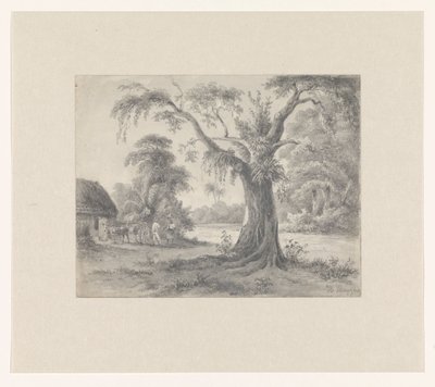 Maisema, jossa on puu ja kota, hevonen ja vaunut sekä kaksi hahmoa tekijältä Hendrik Huygens (signed by artist)