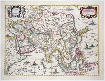 Yleinen kartta sisältää Arabian, Japanin, Korean niemimaan ja suurimman osan Indonesian saaristosta, 1631 (värikaiverrus) tekijältä Hendrik I Hondius