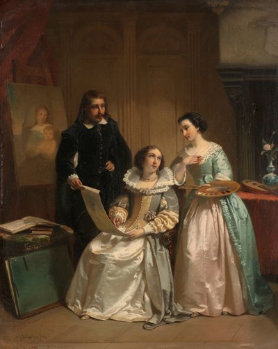 Gerard van Honthorst näyttää oppilaansa Louise of Bohemia piirustuksia Amalia van Solmsille tekijältä Hendrik Jacobus Scholten