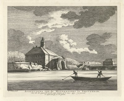 Sagging Muiderpoort, nähtynä Singelgrachtista, 1769 Kuva Muyderpoortista Amsterdamissa, eläintarhassa romahtaneena syndenä, näkyy ulkopuolelta, sikkuva (otsikko esineessä) tekijältä Hendrik Keun