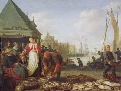 Rotterdamin kalamarkkinat (öljy tammipaneeliin) tekijältä Hendrik Martensz Sorgh