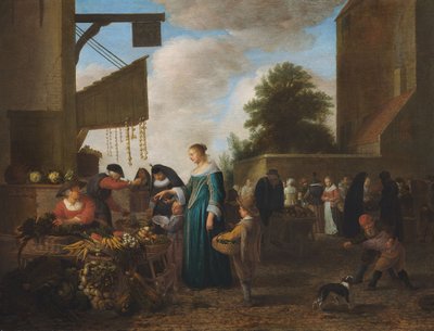 Vihannesmarkkinat, noin 1660 (öljy tammipuulle). tekijältä Hendrik Martensz Sorgh