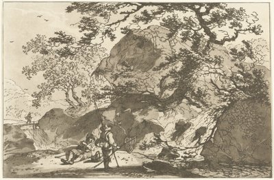 Landschap met een visser en een rustende man Kaksitoista mallia, jotka on laskettu niiden käyttöön, jotka oppivat piirtämään maisemaa (sarjan nimi) tekijältä Hendrik Meijer
