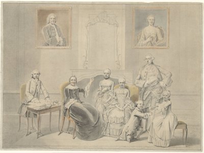 Pieter Cornelis Hasselaerin ja Clara Wendela Sautijnin lapset, joiden muotokuvat roikkuvat seinällä, isoäitinsä Wendela Eleonora Reaelin kanssa tekijältä Hendrik Pothoven