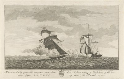 Taistelu vahvaa leikkuria vastaan, 1782 Kova taistelu vahvaa 18 kappaleen Kotteria vastaan ​​(...), kapteeni: Le Turc 7. maaliskuuta 1782 (otsikko esineessä) tekijältä Hendrik Roosing