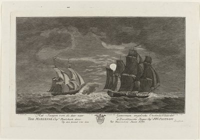 Sextroh Hunts on Marianne, 1782 Englantilaisen Itämerenkulkijan metsästys Genomeihin Marianne Capt. Philskerk, Zierikzeesche Kaper kapteeni. J:W:Sextroh Iltana 20. marraskuuta Anno 1782 (otsikko esineessä) tekijältä Hendrik Roosing