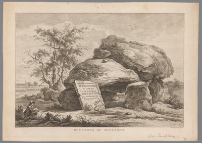 Dolmen lähellä Midlarenin kylää Hunnebed by Midlaren (otsikko esineessä) Drenthen yhdeksän kasvoa (sarjan nimi) IX Kasvot Drenthen maisemaan ja sen lähellä (sarjan nimi esineellä) tekijältä Hendrik Schwegman