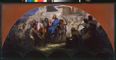 Kristuksen tulo Jerusalemiin. (ratsastaa aasilla, heiluttaen ja laittamalla oksia tielleen väkijoukon ympäröimänä). Henryk Siemiradzkin (1843-1902) työ, öljy pahville tekijältä Henryk Siemiradzki