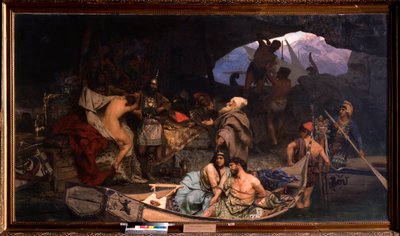 Korsaarit. (Kohta, jossa he tuovat takaisin saaliinsa ja vanginsa (panttivanginsa) luolassa). Henryk Siemiradzkin (1843-1902) maalaus öljy kankaalle tekijältä Henryk Siemiradzki