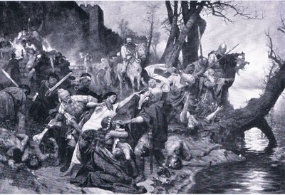 Svjatoslavin soturit joukkomurhassa Dexterin (Durostorum) muurien alla, kuva Gresham Publishing Co:n julkaisemasta Euroopan historian maamerkit, n. 1920 (litho) tekijältä Henryk Siemiradzki