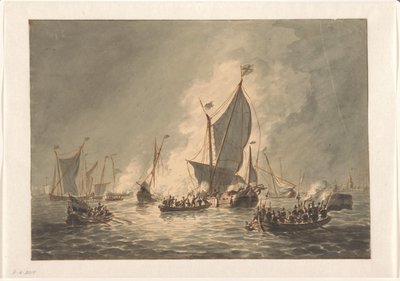 Espanjalaisten laivojen kerjäläisten tuhoaminen ja polttaminen Den Brielissä, 1572 tekijältä Hendrik Vettewinkel