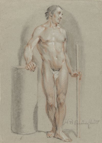 Seisova mies alaston, keppi kädessään, nojaten studiosylinteriin tekijältä Hendrik Willem Schweickhardt