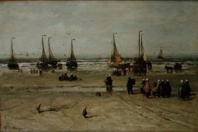 Rannikkomaisema kalastusaluksilla ja kalastajilla tekijältä Hendrik William Mesdag
