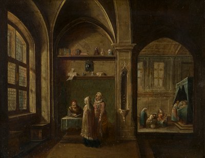 Renessanssinaikainen sisustus hahmoilla: Pyhän Johanneksen syntymä, n. 1600-49 (öljy kuparille) tekijältä Hendrik the Younger Steenwyck