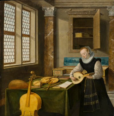 Nainen soittaa luuttua, noin 1610 tekijältä Hendrik the Younger Steenwyck