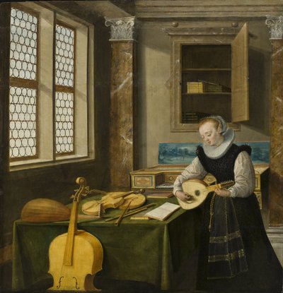 Dame jouant du luth - Lady Playing the Lute, Steenwyck, Hendrick van, nuorempi (1580-1649). Öljy puulle. Mitat: 65 x 64 cm. Tukholman kansallismuseo tekijältä Hendrik van (c.1580 1649) Steenwyk