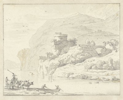 Italialainen vuoristomaisema, jossa porohoitajia ja karjaa sekä kaksi hahmoa joen ylittävässä veneessä tekijältä Hendrik van der Straaten (attributed to)