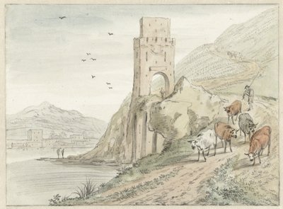 Italialainen jokimaisema vuorilla ja porttitornilla tekijältä Hendrik van der Straaten