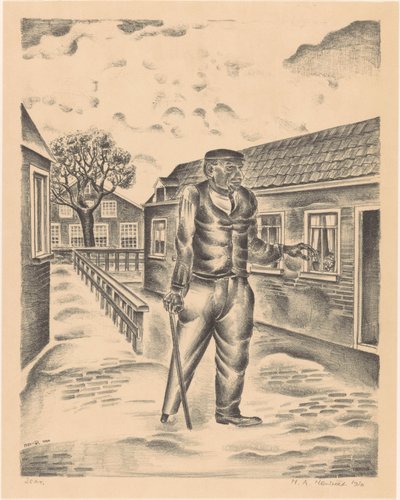 Mies puisella jalalla ja kävelykeppillä tekijältä Henk Henriët (signed by artist)