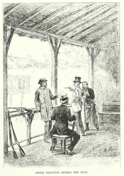 Pistooliharjoitus ennen kaksintaistelua (kaiverrus) tekijältä Henri-Louis Dupray