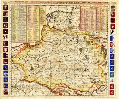 Puolan kartta sisältää osia Liivinmaasta ja Moskovan suurherttuakunnasta par Chatelain, Henri Abraham (1684-1743). Etsaus, akvarelli tekijältä Henri Abraham Chatelain