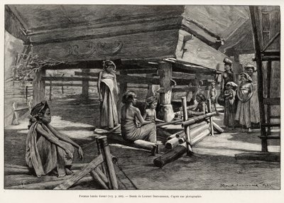 Batak-naiset, Pohjois-Sumatran etninen ryhmä, kudonta. Kaiverrus Laurent Desrousseaux havainnollistamaan tarinaa "" yksi vuosi Malesiassa", Jules Claine (1856-1939), vuosina 1889-1890, Le tour du Monde 1892, ohjaaja Edouard Charton (1807-1891), Hachette, P tekijältä Henri Alphonse Louis Laurent Desrousseaux