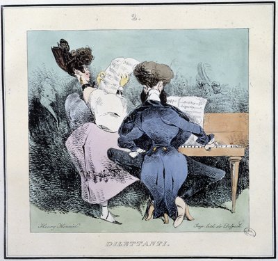 Dillettantes (nuoret laulavat ja soittavat pianoa) - Henri Monnierin teoksessa Parisian Sketches, toim. Delpech, Pariisi tekijältä Henri Bonaventure Monnier