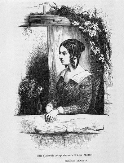 Eugénie Grandet ikkunallaan - teoksessa "" Eugénie Grandet" - kirjoittaja Balzac, ill. Henri Monnier, alkuperäinen painos vuodelta 1843 tekijältä Henri Bonaventure Monnier