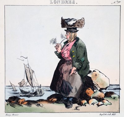 Camisan nymfi, Henry Monnierin kuvitus Lontoosta, pubi. Pariisi, n. 1828 (käsinvärinen lito) tekijältä Henri Bonaventure Monnier