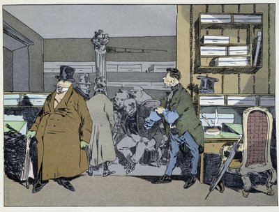 Yhdeksän tuntia: työntekijöiden saapuminen, pukujen vaihto, pieni liesikierros - Henri Monnierin ””hallinnollisissa tavoissa” tekijältä Henri Bonaventure Monnier