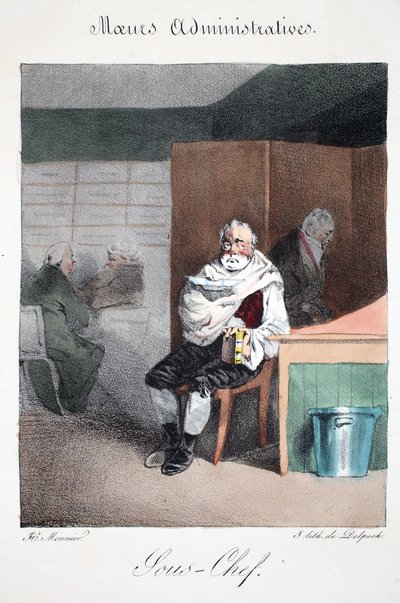 Sous-chef, kuvitus Henri Monnierin teoksesta Mores Administratives, Dessinées By Nature, litografia Delpech, pub. Pariisi, n. 1828 (käsinvärinen lito) tekijältä Henri Bonaventure Monnier