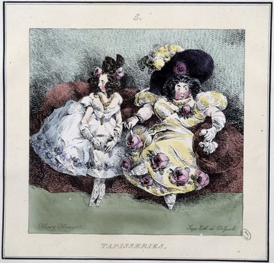 Rumia naisia, jotka tekevät "" kuvakudosta"" istuen olohuoneessa - Henri Monnierin "" Parisiennesissä", toim. Delpech, Pariisi tekijältä Henri Bonaventure Monnier
