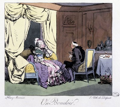 Buduaari 1700-luvulla - Henri Monnierin teoksessa "Entisesti ja tänään", toim. Delpech, Pariisi tekijältä Henri Bonaventure Monnier