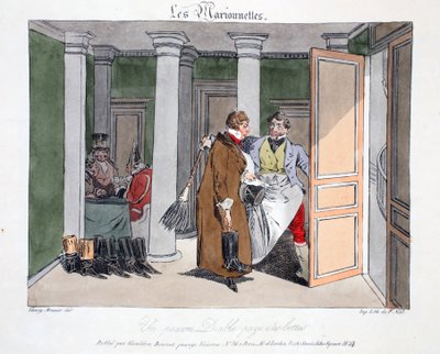 Paholainen köyhä maksaa saappaat, kuvitus Henri Monnierin teoksesta "Les Marionnettes", litografia Delpech, pubi. Pariisi, n. 1828 (käsinvärinen lito) tekijältä Henri Bonaventure Monnier