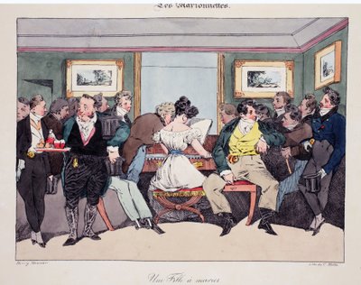 Une fille a marier, kuvitus Henri Monnierin Les Marionnettesista, litografia Delpech, pub. Pariisi, n. 1828 (käsinvärinen lito) tekijältä Henri Bonaventure Monnier