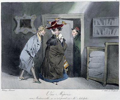 Väärinkäsitys: "" Ei, neiti, se ei ole täällä, monsieur Rodolphe"" - Henri Monnierin "" Parisian luonnoksissa"", toim. Delpech, Pariisi tekijältä Henri Bonaventure Monnier