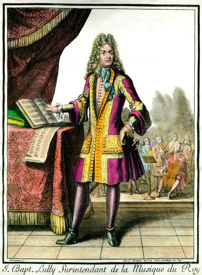 Jean Baptiste Lullyn (Giovanni Battista Lulli) (1632-1687) muotokuva jalassa. Kuninkaan musiikin superintendentti Henri Bonnartin kaiverrus (1642-1711) tekijältä Henri Bonnart