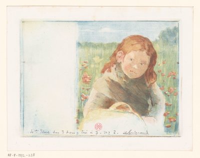 Tyttö korin kanssa kukkaniityllä tekijältä Henri Charles Guérard (signed by artist)