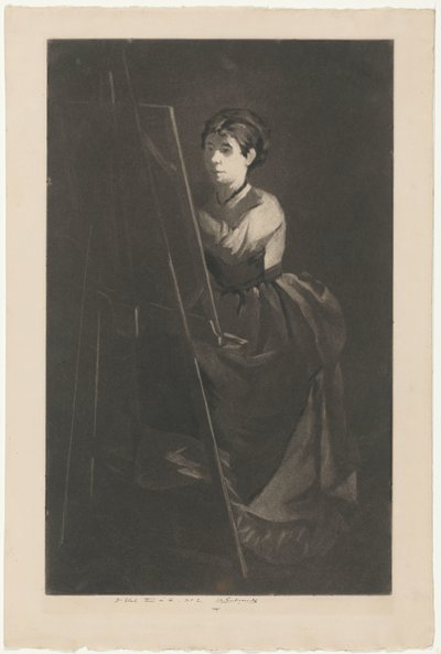 Eva Gonzalèsin muotokuva maalaustelineen edessä tekijältä Henri Charles Guérard (signed by artist)