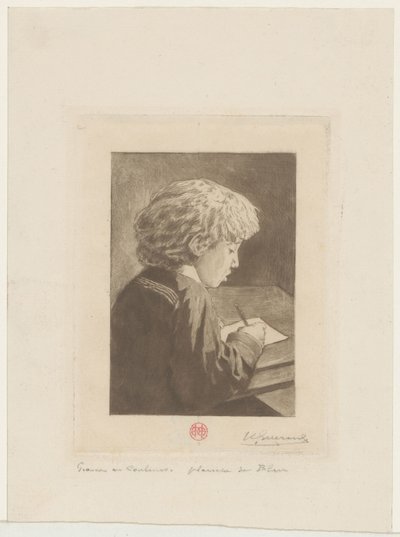 kirjoittava poika tekijältä Henri Charles Guérard (signed by artist)