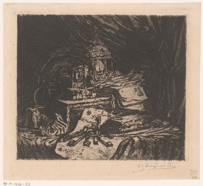 Asetelma avaimilla ja lyhtyllä tekijältä Henri Charles Guérard (signed by artist)
