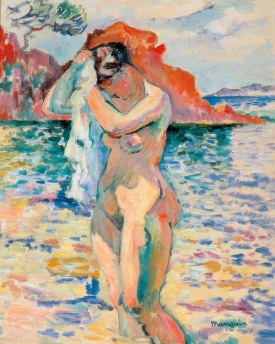 Uimari kuivaa hiuksensa meren rannalla tekijältä Henri Charles Manguin