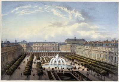 Jardin du Palais-Royal, noin 1820 Courvoisier 1827:n ""Views of Paris" -kirjassa tekijältä Henri Courvoisier-Voisin
