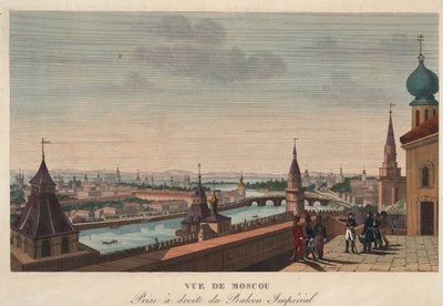 Näkymä Moskovaan Keisarillisen palatsin parvekkeelta, Venäjä"" (Moskovan näkymä Keisarillisen palatsin parvekkeelta) Henri Courvoisier-Voisinin (1757-1830) kaiverrus - 1812 Koko 40,7x55,6 cm Yksityiskokoelma tekijältä Henri Courvoisier-Voisin
