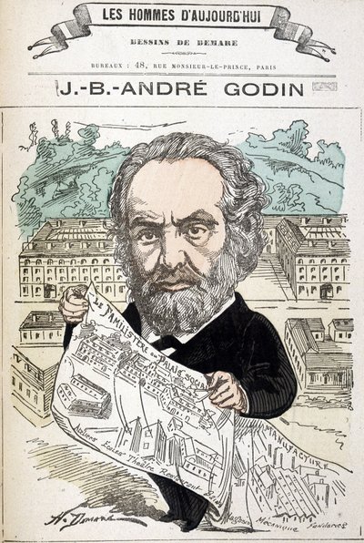 Jean Baptiste André Godin (1817-1888), teollinen perheen perustaja. Demaren piirustus teoksesta "Tämän päivän miehet". tekijältä Henri Demare