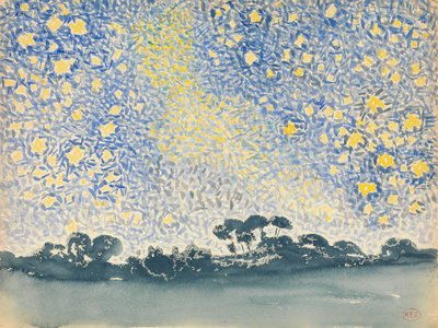 Maisema tähtien kanssa, 1905-08 (grafiitti grafiitilla valkoiselle paperiraidalle). tekijältä Henri Edmond Cross
