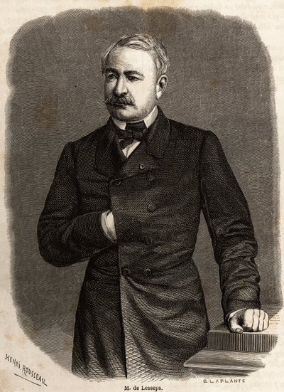 Muotokuva Ferdinand de Lessepsistä (1805-1894), diplomaatista ja yrittäjästä, kahden kunnianhimoisen hankkeen edistäjästä: Suezin ja Panaman kanavat, Henri Rousseaun piirustus havainnollistamaan Paul Merruaun retkiä Suezin kanavalle vuonna 1862. Kaiverrus  tekijältä Henri Emilien Rousseau