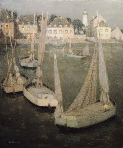 Breton Port by Moonlight; Moonlightin Port Breton tekijältä Henri Eugene Augustin Le Sidaner