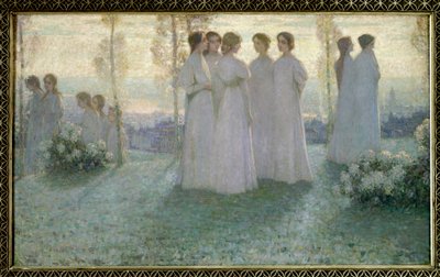 Sunnuntaina valkoisiin pukeutunut nainen puhuu puutarhassa - Henri Eugene (Henri-Eugene) Le Sidaner (1862-1939) maalaus tekijältä Henri Eugene Augustin Le Sidaner